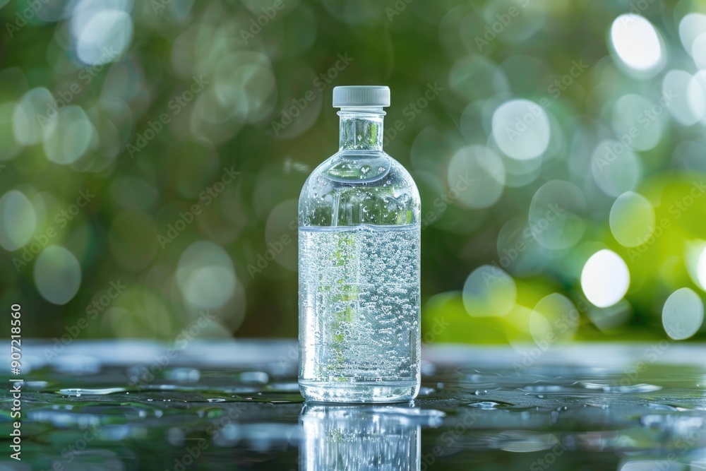 A still life photo of a water bottle placed on a table, with nothing else in the scene