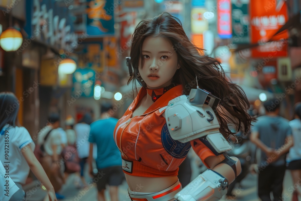 A woman in an orange top holding a robot arm A woman in an orange top holding a robot arm