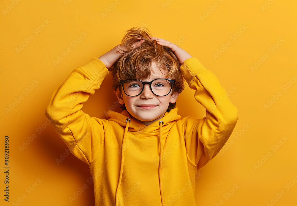 Portrait of a little curly boy in glasses on a bright green background. Little scientist, inventor, researcher, physicist, mathematician Portrait of a little curly boy in glasses on a bright green background. Little scientist, inventor, researcher, physicist, mathematician