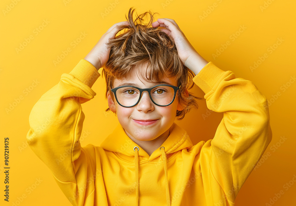 Portrait of a little curly boy in glasses on a bright green background. Little scientist, inventor, researcher, physicist, mathematician Portrait of a little curly boy in glasses on a bright green background. Little scientist, inventor, researcher, physicist, mathematician