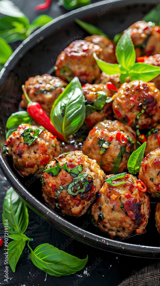 Meatballs of minced chicken with red pepper and green basil Meatballs of minced chicken with red pepper and green basil