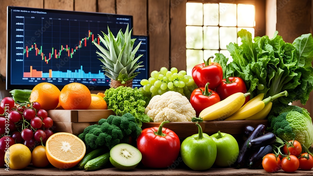 A table full of fresh fruits and vegetables, including bananas, oranges A table full of fresh fruits and vegetables, including bananas, oranges