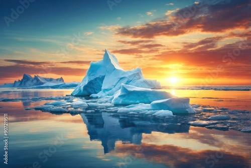 Sunset Over a Majestic Iceberg: A stunning iceberg floating in calm, crystal-clear waters at sunset.