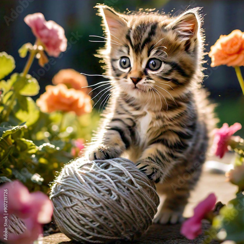 A playful tabby kitten pouncing on a ball photo