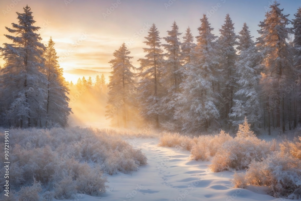 Snow-Covered Forest at Sunrise: A serene forest scene blanketed in fresh snow after a snowstorm, with the first light of sunrise casting a warm, golden glow on the snow-covered trees. Snow-Covered Forest at Sunrise: A serene forest scene blanketed in fresh snow after a snowstorm, with the first light of sunrise casting a warm, golden glow on the snow-covered trees.