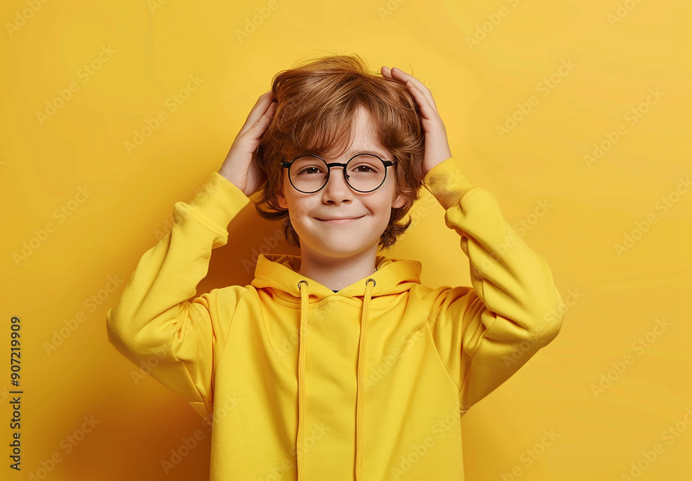 Portrait of a little curly boy in glasses on a bright green background. Little scientist, inventor, researcher, physicist, mathematician