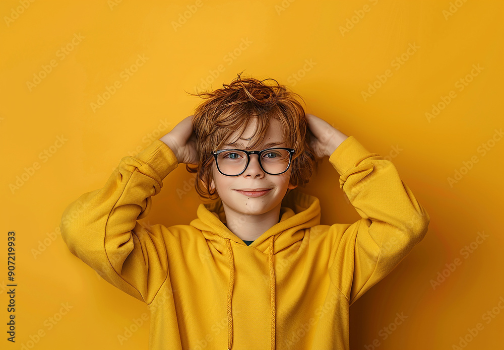 Portrait of a little curly boy in glasses on a bright green background. Little scientist, inventor, researcher, physicist, mathematician Portrait of a little curly boy in glasses on a bright green background. Little scientist, inventor, researcher, physicist, mathematician
