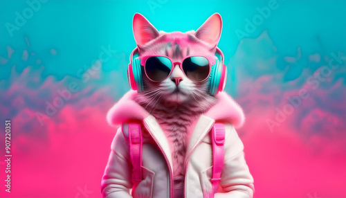 Neon Cat with Glasses ,Cyberpunk Cat in Shades Cool Cat Digital Art Pink and Blue Cat Illustration