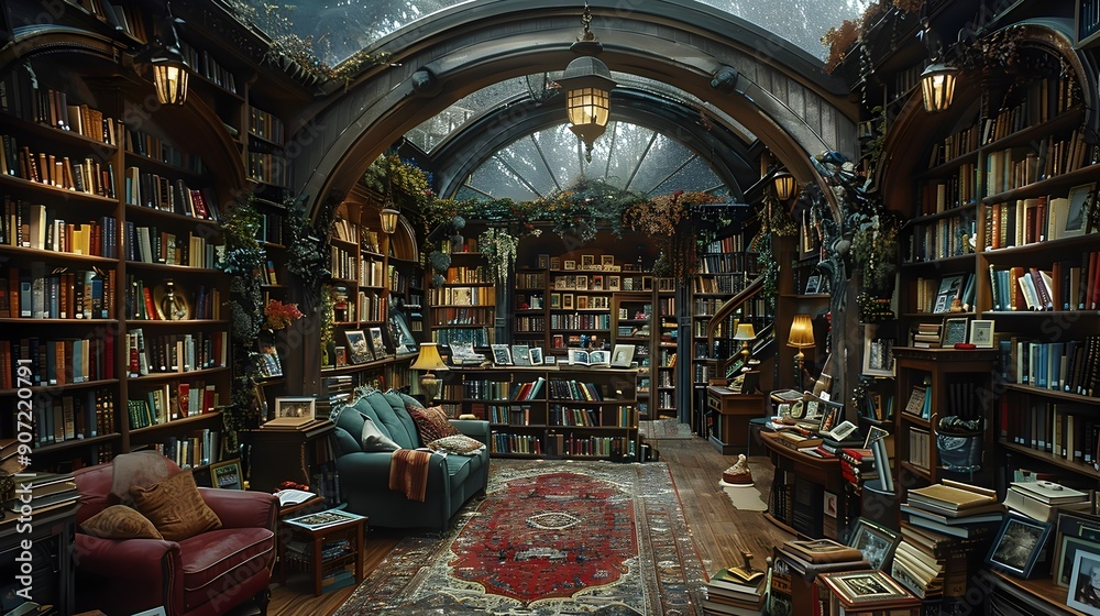 Obraz premium Cozy Vintage Bookstore Filled with Shelves of Enchanting Old Books for Literary and Relaxation