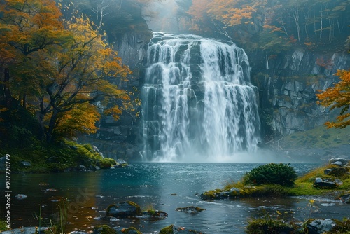 Majestic Waterfall Surrounded by Lush Autumnal Foliage in Serene Forest Landscape