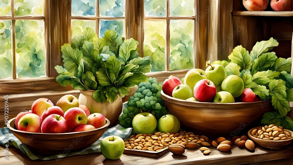 A painting of a table with a variety of fruits and vegetables, including apples A painting of a table with a variety of fruits and vegetables, including apples