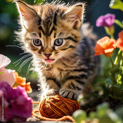 A playful tabby kitten pouncing on a ball photo