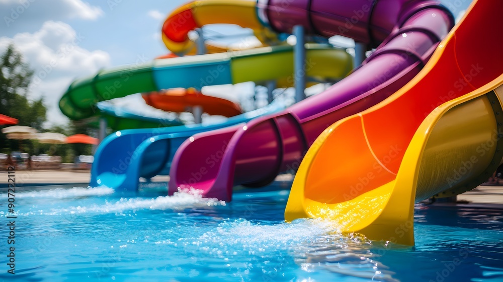 Colorful summer aqua park water slide, nobody on an outdoor playground. Fun entertainment or amusement for swimming in pool and playing, child kid holiday vacation ride activity, spiral tube Colorful summer aqua park water slide, nobody on an outdoor playground. Fun entertainment or amusement for swimming in pool and playing, child kid holiday vacation ride activity, spiral tube