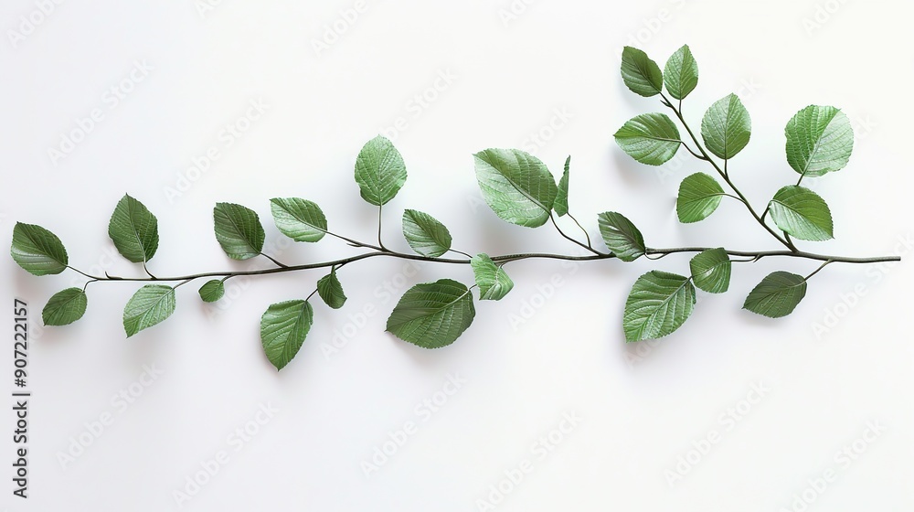 Obraz premium Green Branch with Leaves on White Background