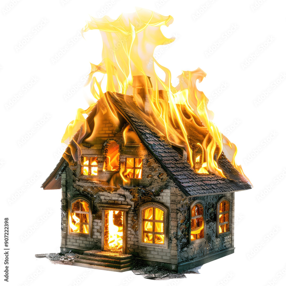 Obraz premium burning house in the fire isolated on transparent white background, clipping path 