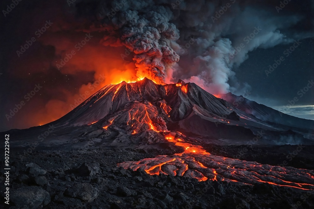 Dramatic Eruption at Night: A powerful volcanic eruption at night, with ...