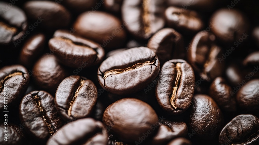 Fototapeta premium Dark roasted coffee beans, neatly stacked and looking plump and enticing. Perfect for highlighting in coffee advertisements or promotional material.