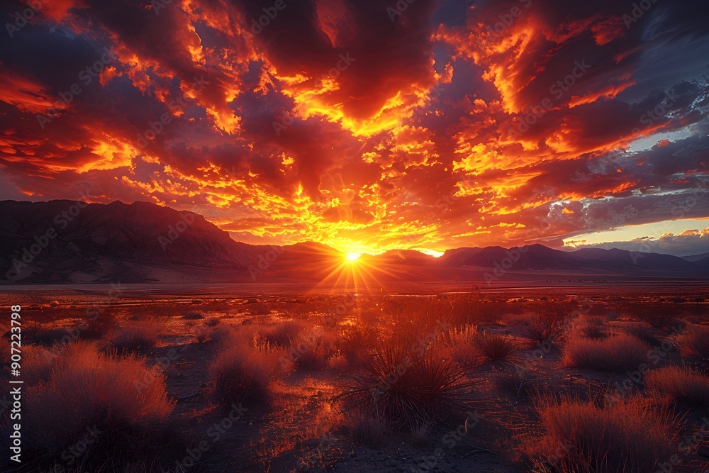 Dramatic and Fiery Desert Sunset Landscape With Rugged Mountains and Clouds Dramatic and Fiery Desert Sunset Landscape With Rugged Mountains and Clouds