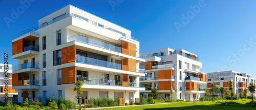 modern residential buildings in white and light orange, modern architecture, square block shapes with balconies, urban development © Kien