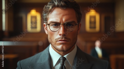 Focused Lawyer Standing in a Courtroom with an Intense Stare photo