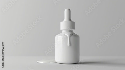A bottle of serum for whitening skin with coconut oil dripped into the bottle. The bottle is positioned to one side, the dropper head is clearly visible highlighting the texture and features