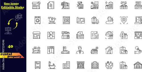 Set of 40 outline icons related to rental property.