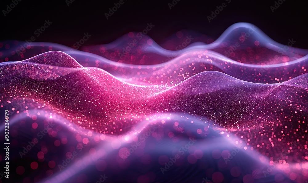 Abstract gradient hologram depicting a dynamic wave of particles and lines, forming a mesh-like structure. Abstract gradient hologram depicting a dynamic wave of particles and lines, forming a mesh-like structure.