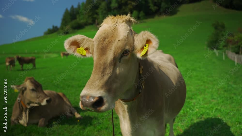 Portrait of brown cow in Bavarian Alps in Germany. Cow looking into camera while grazing on green lawn in Austria. Theme agriculture and animal husbandry in Europe. Milk farm and cow pastures. Portrait of brown cow in Bavarian Alps in Germany. Cow looking into camera while grazing on green lawn in Austria. Theme agriculture and animal husbandry in Europe. Milk farm and cow pastures.