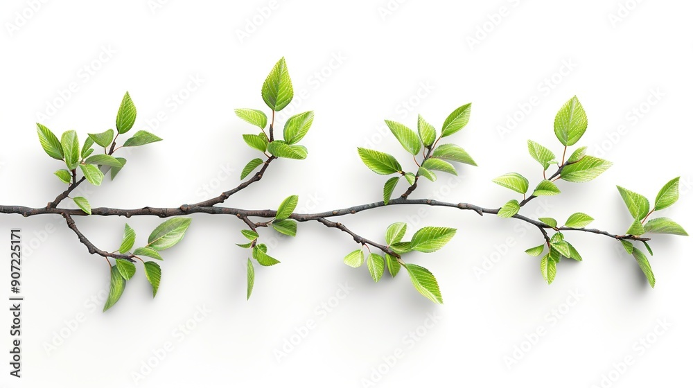 Branch with New Green Leaves on a White Background Branch with New Green Leaves on a White Background