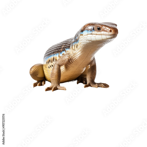 Blue-Tongued Skink Lizard On Wooden Stump photo