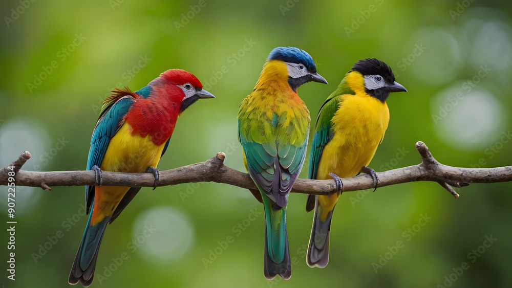 A group of colorful birds are perched on a branch A group of colorful birds are perched on a branch