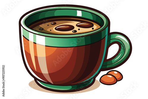 A Green Mug Filled with Coffee and Two Coffee Beans
