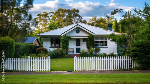 house with a white picket fence and a lush green lawn,