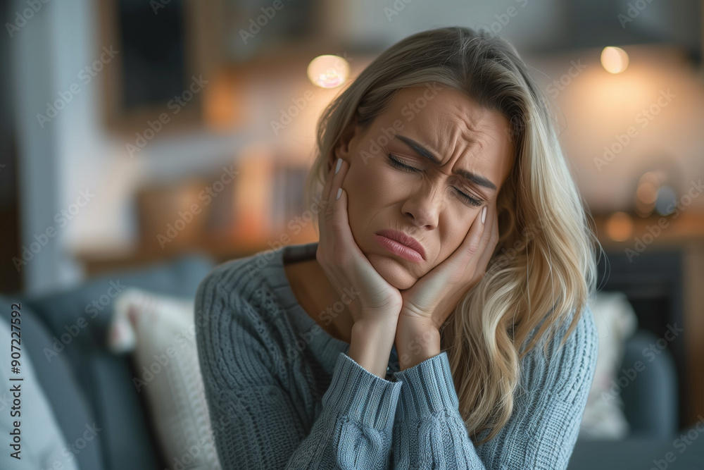 Woman experiencing severe toothache at home, showing pain and discomfort Woman experiencing severe toothache at home, showing pain and discomfort