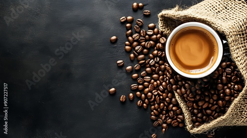 A cup of coffee with Coffee beans isolated on a dark background, Generative AI
