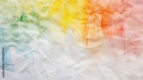 Watercolor Rainbow on Crumpled Canvas: An abstract art piece featuring vibrant brushstrokes of rainbow colors against a textured white background, ideal for artistic and creative concepts.  photo