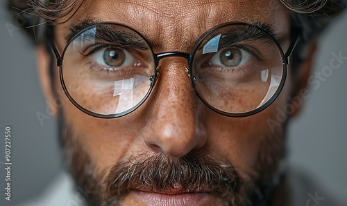 A humorous image of a handsome man playfully examining something with a magnifying glass against a grey background.