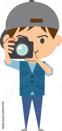 一眼レフカメラを使って撮影する男性のイメージイラスト