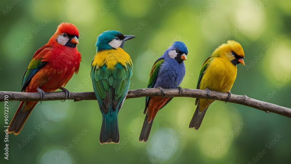 Obraz premium A group of colorful birds are perched on a branch