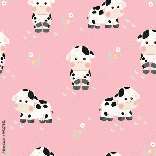 Vector pattern illustration of randomly scattered cows in childish style. Art for wallpaper, fabric print, decoration, etc.