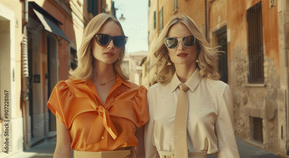 two female models wearing sunglasses and an orange satin blouse with a ...