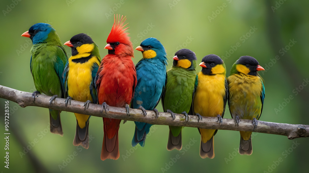 Fototapeta premium A group of colorful birds are perched on a branch
