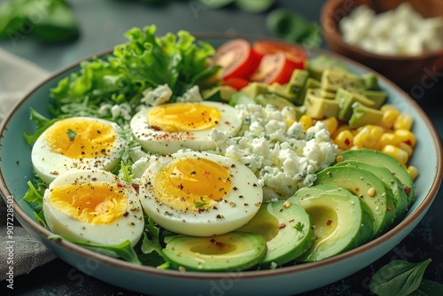 A Bowl of Salad with Eggs, Avocado, and Corn photo