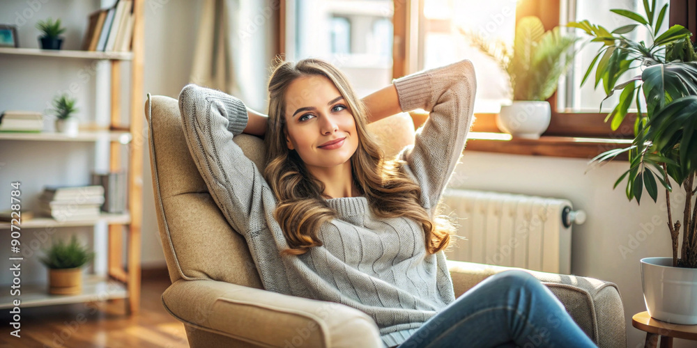 Portrait of Attractive Young Woman Sitting in Armchair with Hands Behind Head Portrait of Attractive Young Woman Sitting in Armchair with Hands Behind Head