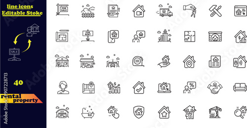 Set of 40 outline icons related to rental property. Linear icon collection.