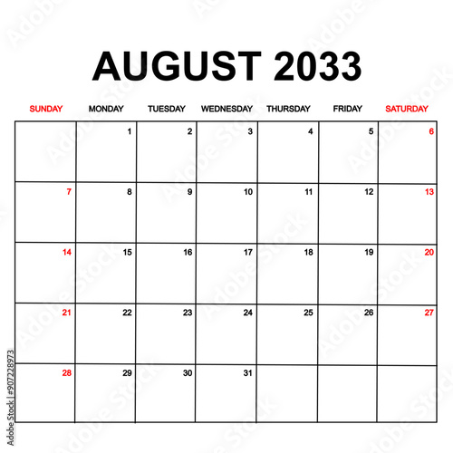 Calendar with holydays or red dates. monthly august august 2033. calendar design with week starts on sunday. printable, simple, and clean vector design isolated on white background.