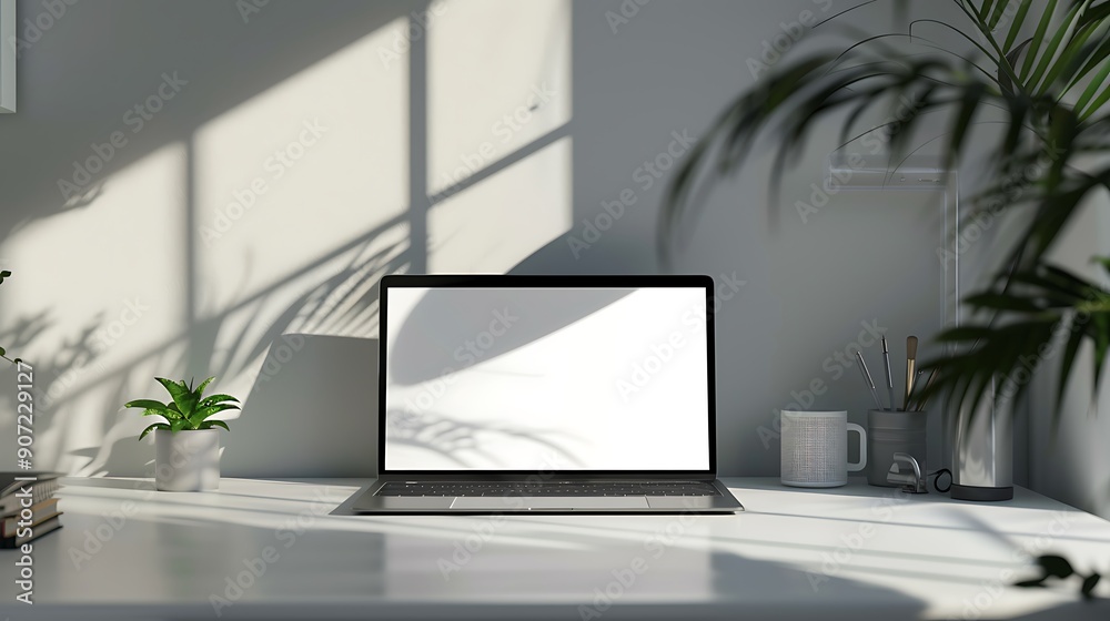 Minimalist Workspace with Laptop and Sunlight Minimalist Workspace with Laptop and Sunlight