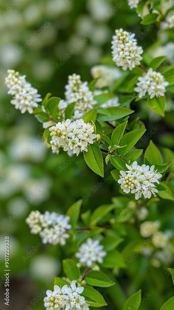 Closeup of cream colored, round flower head with many tiny flowers on a green leafy background. Mountain ash plant in bloom with white colored flowers Closeup of cream colored, round flower head with many tiny flowers on a green leafy background. Mountain ash plant in bloom with white colored flowers