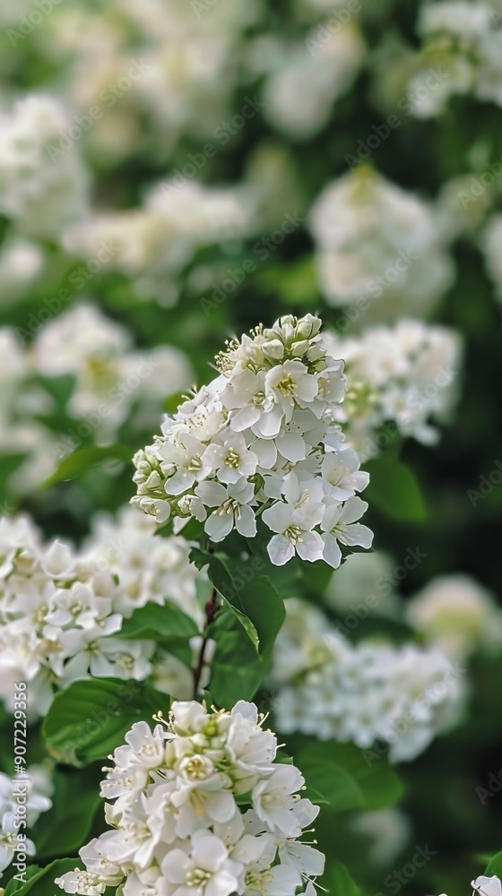 Closeup of cream colored, round flower head with many tiny flowers on a green leafy background. Mountain ash plant in bloom with white colored flowers Closeup of cream colored, round flower head with many tiny flowers on a green leafy background. Mountain ash plant in bloom with white colored flowers