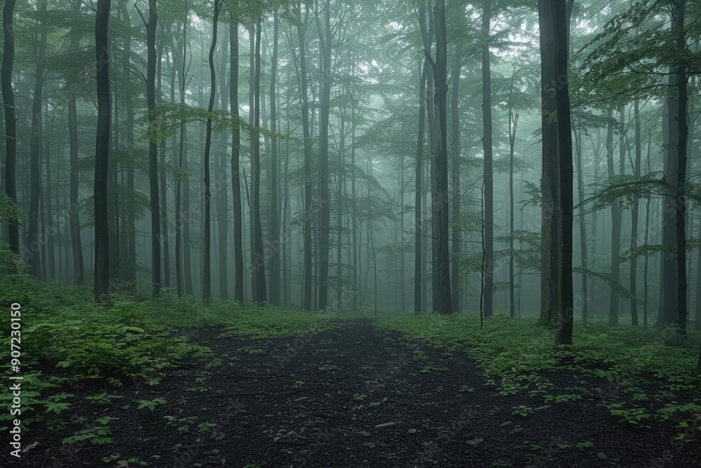 Obraz premium A Misty Forest Path Leading Through Tall Trees